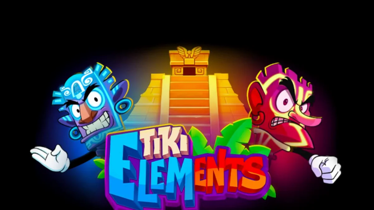 Tiki Elements slot game interface dengan latar belakang pulau tropis dan simbol topeng suku.