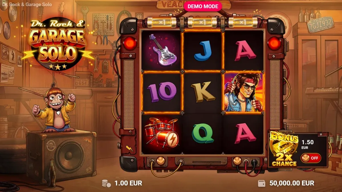 Dr. Rock & Garage Solo slot machine interface with rock music theme